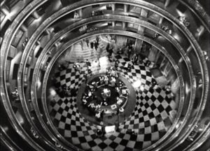 Overhead shot of the busy lobby in "Grand Hotel," 1932.