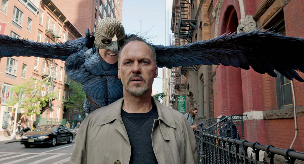 Photo of Michael Keaton as Riggan Thomson, tormented by his past alter-ego Birdman.