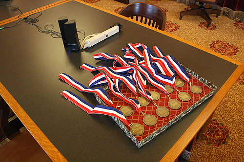 The medals waiting to be awarded for the 2010 Kansas Notable Books.