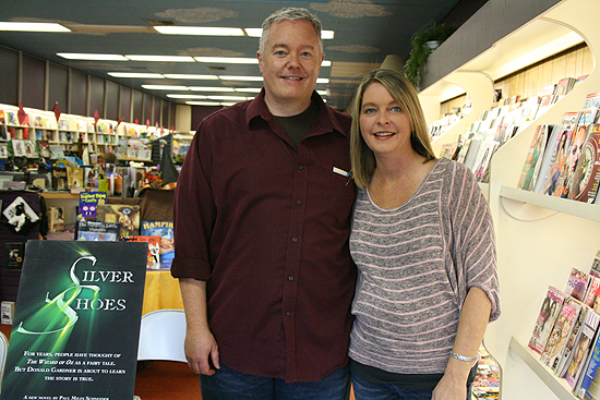 Catching up with a childhood friend, Lori Herbel Grimmett, at the Town Crier Bookstore signing in Emporia, Kansas. Lori is an elementary school teacher in Emporia.