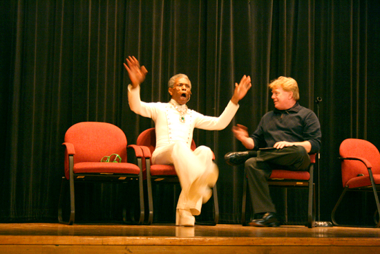 Host John Fricke (right) interviews the Wiz, André De Shields (left) for Saturday evening's free program in the high school auditorium. André wore his original form-fitting costume from the show, designed by the legendary Geoffrey Holder. That was 37 years ago, and he can still rock these incredible threads, not to mention the five-inch heels on the platform boots!