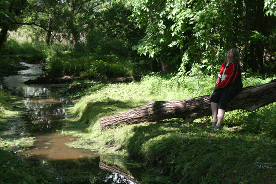 Jane Albright sits and reflects on a fallen log in Bear Creek. This secluded locale was once Frank Baum's childhood playground when it was part of the family's farm called Rose Lawn, located in Syracuse, NY. Guiding our small group along the way through several points of interest was Baum family historian Kathleen Di Scenna, who helped us step back in time to where it all began.
