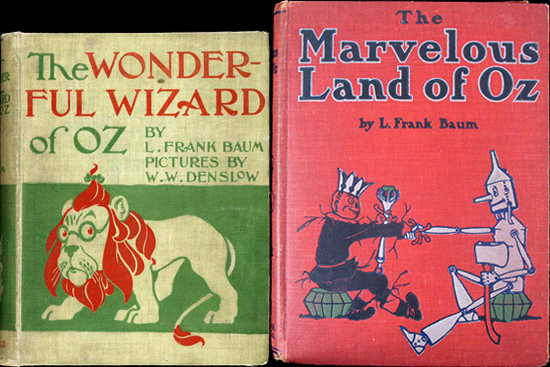 First edition covers of "The Wonderful Wizard of Oz" (1900) and "The Marvelous Land of Oz" (1904) by L. Frank Baum.