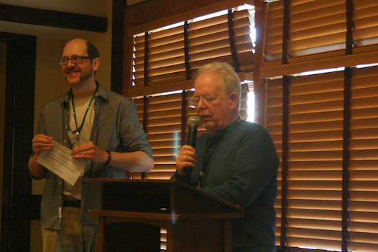 Blair Frodelius interviews author Roger S. Baum, great-grandson of L. Frank Baum, at an International Wizard of Oz Club breakfast in Fayetteville, NY.
