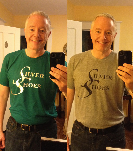 Paul Miles Schneider wears two versions of his "Silver Shoes" T-shirt, available in emerald green with silver letters or gray with black letters.