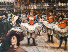 0001. Moulin Rouge. 28" x 22" (2005) Can-Can girls in orange dresses lifting up their white petticoats. Can-Can girls in orange dresses lifting up their white petticoats.