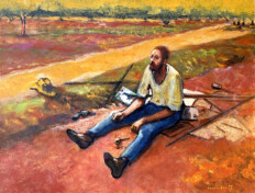 0002. Van Gogh in Auvers. 28" x 22" (2006) Vincent Van Gogh, looking defeated, sitting on the ground in a field, with canvases, paints, pipe, hat, and a pistol. Vincent Van Gogh, looking defeated, sitting on the ground in a field, with canvases, paints, pipe, hat, and a pistol.