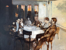 0003. Six Actors in a Boathouse Café. 28" x 22" (2007) A group sitting around a table in muted tones. Browns, tans, and blues. A group sitting around a table in muted tones. Browns, tans, and blues.