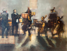 0005. The Brandenburg Practice. 28" x 22" (2004) Conductor with a singer, three cellos, double bass, and timpani player. Conductor with a singer, three cellos, double bass, and timpani player.