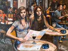 0007. Americans in Paris. 28" x 22" (2006) Two young women with menus and glasses of wine at an outdoor café. Two young women with menus and glasses of wine at an outdoor café.
