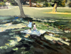 Two young girls dancing on a blanket in a park.