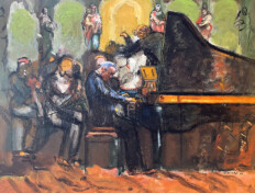 0010. The Monastery Concert. 30" x 24" (2004) A man playing a grand piano with an orchestra and conductor behind him. A man playing a grand piano with an orchestra and conductor behind him.