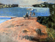 0011. Renoir on the Strand. 30" x 24" (2002) Painter with easel, paints, and umbrella by the river with orange boat and bridge in the background. Painter with easel, paints, and umbrella by the river with orange boat and bridge in the background.