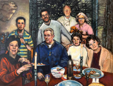 0012. So Here's to You. 28" x 22" (2005) Family gathering around a dining table. The figures are (left to right) Andrea King, Stephen Pietreface, Paul Schneider, John Schneider, Herk Harvey, Pauline Harvey, Nancy Rogers, and Jo Anna Clift. A saying in Gaelic is written on a bowl on the table. Family gathering around a dining table. The figures are (left to right) Andrea King, Stephen Pietreface, Paul Schneider, John Schneider, Herk Harvey, Pauline Harvey, Nancy Rogers, and Jo Anna Clift. A saying in Gaelic is written on a bowl on the table.