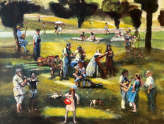 0014. The Park Musicians. 28" x 22" (2002) Large group of modern people, some playing folk instruments, in a park. Large group of modern people, some playing folk instruments, in a park.