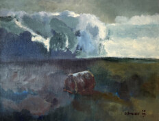 0015. Untitled. 28" x 22" (2009) Bale of hay on a prairie with an approaching storm. Bale of hay on a prairie with an approaching storm.