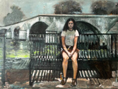 0017. Bridge on the Seine. 30" x 24" (2005) Young woman sitting alone on a bench by the river. Young woman sitting alone on a bench by the river.