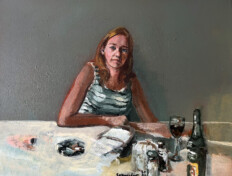 0018. Jo Anna. 30" x 24" (2008) Portrait of the artist's wife, c. 1960s, sitting at a restaurant table with wine. Portrait of the artist's wife, c. 1960s, sitting at a restaurant table with wine.