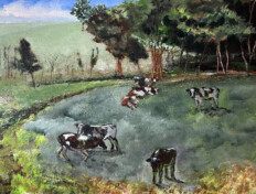 0025. Grass Field with Cows. 32" x 22" (2001-2002) Grass field with several cows near a wooded area. Grass field with several cows near a wooded area.
