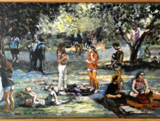 0026. Luncheon on the Grass. 24" x 16" (Undated) Gathering in a tree-filled park. Includes surrounding wood frame. Gathering in a tree-filled park. Includes surrounding wood frame.