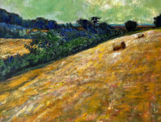 0027. Hay Bales in a Field. 20" x 20" (2001) Rolling hills and turbulent sky with two bales of hay in the distance. Rolling hills and turbulent sky with two bales of hay in the distance.