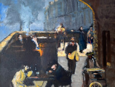 0036. The Night Café (Henri). 18" x 18" (2003) Outdoor street scene with Lautrec and others at a table drinking. Outdoor street scene with Lautrec and others at a table drinking.