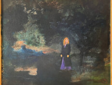 0039. The Tinkerman's Daughter. 24" x 20" (Undated) Red-haired woman in black coat and long purple dress in the woods. Includes surrounding wood frame. Red-haired woman in black coat and long purple dress in the woods. Includes surrounding wood frame.