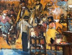 0040. The Painting of Goulue's Booth. 20" x 22" (2005-2008) Lautrec painting one of the two large canvas panels for La Goulue's tent booth. Lautrec painting one of the two large canvas panels for La Goulue's tent booth.