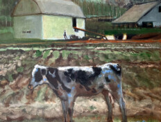 0041. Cow with White Farm Buildings. 24" x 24" (2002) Cow in the foreground of a pasture with farm buildings in the background. Cow in the foreground of a pasture with farm buildings in the background.