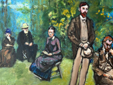 Late 1800s scene with five figures in it.