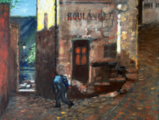 Late 1800s street scene in Montmartre with the figure of a man.