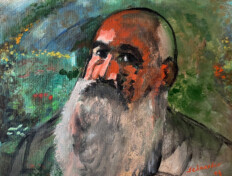 Portrait of Claude Monet with garden visible in background.