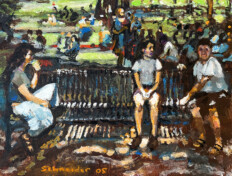 People on a bench in a park with others in the background. Acrylic on canvas panel.