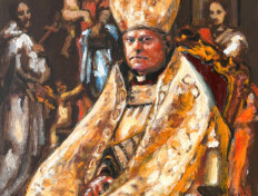 The cardinal with figures of Christ, Madonna and Child, and others behind him. Acrylic on canvas panel.