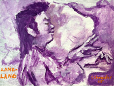 Portrait of the pianist Lang Lang. Purple tones. Acrylic on canvas panel.