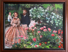 0060. Renoir's Garden. 40" x 32" (2004) Both period and modern people enjoying the garden at Renoir's home in the Montmartre, Paris. Custom wood frame included. Dimensions do not include the frame. Both period and modern people enjoying the garden at Renoir's home in the Montmartre, Paris. Custom wood frame included. Dimensions do not include the frame.