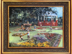 0061. South Park in Lawrence. 20" x 16" (Undated) People enjoying the flower gardens and sunny weather in South Park. Lawrence, Kansas. Custom wood frame included. Dimensions do not include the frame. People enjoying the flower gardens and sunny weather in South Park. Lawrence, Kansas. Custom wood frame included. Dimensions do not include the frame.