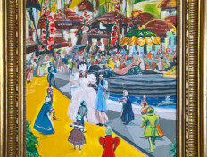 0062. Munchkinland. 20" x 24" (1978) Co-painted by Leonard Schneider and his son Paul Miles Schneider as a gift for Paul's 16th birthday. Custom wood frame included. Dimensions do not include the frame. Co-painted by Leonard Schneider and his son Paul Miles Schneider as a gift for Paul's 16th birthday. Custom wood frame included. Dimensions do not include the frame.