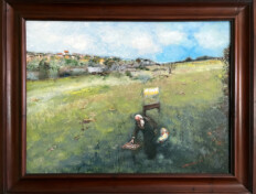 0064. Pissarro. 28" x 22" (2002) The artist Camille Pissarro working outdoors on a landscape. Custom wood frame included. Dimensions do not include the frame. The artist Camille Pissarro working outdoors on a landscape. Custom wood frame included. Dimensions do not include the frame.