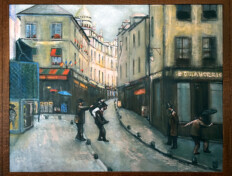 0065. The Jolly Companions. 40" x 32" (2005) Lautrec being helped home by friends in the Montmartre, with the Sacré-Cœur in the background. Lautrec being helped home by friends in the Montmartre, with the Sacré-Cœur in the background.