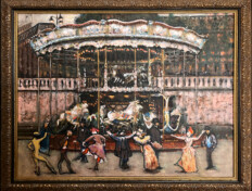 0066. Lautrec's Carousel. 28" x 22" (2005) Iconic figures from Lautrec's paintings dance with him while the Montmartre carousel spins behind them. Custom wood frame included. Dimensions do not include the frame. Iconic figures from Lautrec's paintings dance with him while the Montmartre carousel spins behind them. Custom wood frame included. Dimensions do not include the frame.