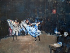 0068. The Dance Hall. 24" x 22" (Undated) Can-Can dancers entertaining Lautrec and others at the Moulin Rouge. Can-Can dancers entertaining Lautrec and others at the Moulin Rouge.