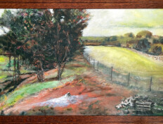 0069. Field with Ravine. 36" x 22" (2001-2002) A rolling green field beside trees and a ravine with custom wood frame. Dimensions do not include the frame. A rolling green field beside trees and a ravine with custom wood frame. Dimensions do not include the frame.