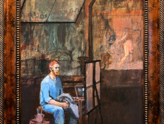 0070. Van Gogh in Paris. 24" x 32" (Undated) Van Gogh sits at an easel, unable to work, while a faint image of Lautrec is seen in the background. Custom wood frame included. Dimensions do not include the frame. Van Gogh sits at an easel, unable to work, while a faint image of Lautrec is seen in the background. Custom wood frame included. Dimensions do not include the frame.