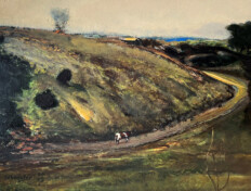 0072. The Cow's Way - Homage to Thomas Cole. 36" x 24" (2009) A cow walks along a road beside a rolling hill. A fire with smoke filling the sky can be seen in the distance. A cow walks along a road beside a rolling hill. A fire with smoke filling the sky can be seen in the distance.