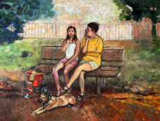 0073. Untitled. 36" x 24" (2004-2005) Two young women sitting on a park bench with a dog in front of them. Two young women sitting on a park bench with a dog in front of them.