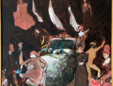 0074. The Death of Henri. 28" x 34" (1990) The deathbed of artist Henri de Toulouse-Lautrec. While his father tries to speak to him, the iconic characters from Henri's works dance around him and celebrate his life. Inspired by the ending to the 1952 film "Moulin Rouge." Includes surrounding wood frame. The deathbed of artist Henri de Toulouse-Lautrec. While his father tries to speak to him, the iconic characters from Henri's works dance around him and celebrate his life. Inspired by the ending to the 1952 film "Moulin Rouge." Includes surrounding wood frame.