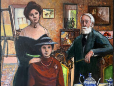 0075. Monsieur Degas and the Gobillard Sisters. 36" x 30" (2006) Portrait of the artist Edgar Degas posing with artist Paule Gobillard and her sister Jeanne Gobillard. Includes surrounding wood frame painted black. Portrait of the artist Edgar Degas posing with artist Paule Gobillard and her sister Jeanne Gobillard. Includes surrounding wood frame painted black.