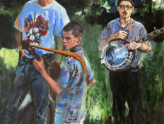 0076. The Young Mandolin Player. 30" x 36" (Undated) A boy with a mandolin stands in a park with two men, one holding a banjo. A boy with a mandolin stands in a park with two men, one holding a banjo.