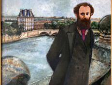 0077. Édouard Manet and the Rebirth of Paris. 36" x 30" (2003-2004) Portrait of Manet on the rooftop of the Gare d'Orsay in Paris. Includes surrounding wood frame. Portrait of Manet on the rooftop of the Gare d'Orsay in Paris. Includes surrounding wood frame.